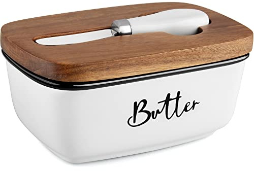 Ceramic Butter Dish with Lid and Knife for Countertop, Airtight Butter Keeper for Counter or Fridge, Butter Container with Thick Acacia Wood Lid, for Farmhouse Kitchen Decor and Accessories, White