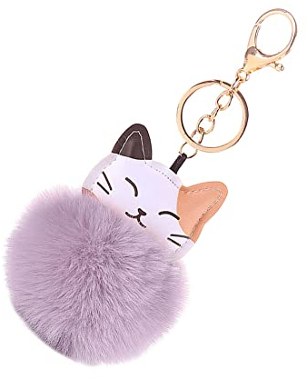 ihreesy Katze Schlüsselanhänger, Schön Pom-pom Schlüsselbund Anhänger PU Leder Katze Tier Bommel Taschenanhänger Charms Dekoration Schlüsselring Dekor Taschen-Zubehör für Frauen Mädchen,Grau