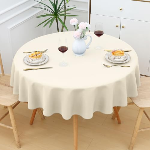 smiry Tischdecke Abwaschbar Rund140cm Tischtuch Polyester Wasserabweisend Lotuseffekt Tischwäsche Schmutzabweisend Abwischbare Tafeldecke für Party Küche, Beige