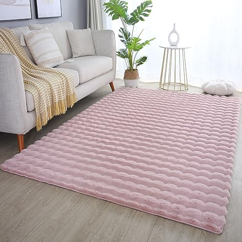 Carpetsale24 Teppich 140x200 cm Rosa, Flauschiger Teppich in Felloptik mit Hoch-Tief Struktur & Bubble-Design, Super Weich, Plüschig, Ideal für Wohnzimmer & Schlafzimmer