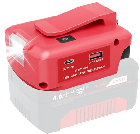 Waitley USB Adapter für Einhell 18V Akku mit LED Arbeitslicht | Akku Adapter für Einhell 18V mit PD/QC3.0 USB, 12V DC-Ausgang, LED-Licht und Gürtelclip