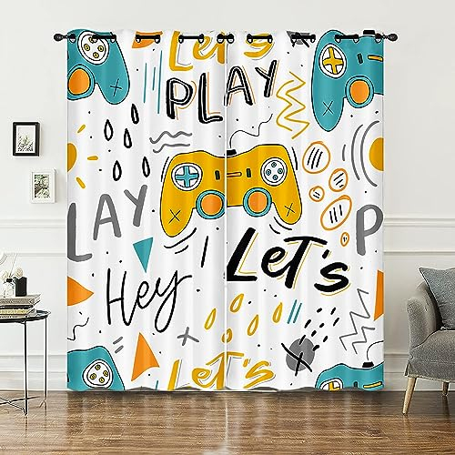 HOSIMA Cartoon-Gamepad-Vorhänge,Ösenvorhänge,Set mit 2 Vorhängen,Gelb-blau,Cartoon-Gamepad-Bedruckte Vorhänge,Vorhänge für Kinder und Teenagerzimmer(Gelbes Gamepad XL)