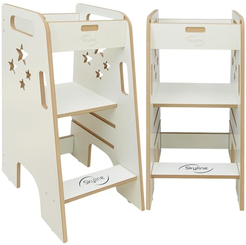 Skyline Steh Lernturm Baby ab 1 Jahr Montessori Learning Tower Höhenverstellbar Tritthocker Kinder Indoor Möbel Kinderzimmer Trittschemel Kitchen Helper Hochstuhl (Weiß mit Sternen)