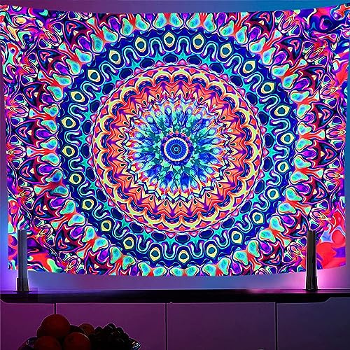 OSVINO OSVINOSchwarzlicht Bunter Wandteppich Mandala 150X200CM Kaleidoskopisch Trippy Raumdekoration Schwarzlicht Poster Böhmische Wanddekoration für Schlafzimmer Hintergrunddekoration