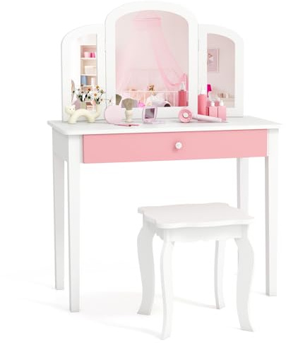 DREAMADE Schminktisch Kinder mit Hocker und abnehmbarem Spiegel,Prinzessin Frisiertisch, Frisierkommode, Kosmetiktisch, Kinderschminktisch mit Kiefernholz-Beine für Kinder Mädchen (Weiß)