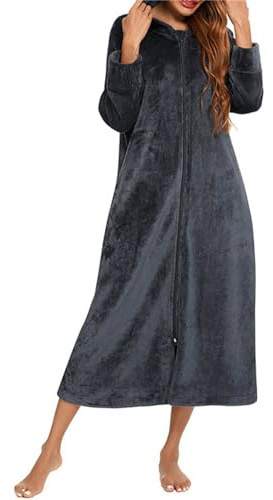 AMDOLE Sexy warmer Bademantel mit Kapuze vorne, volle Länge, Flanell-Fleece-Bademantel, Winter, warm, Hausmantel, Nachtwäsche, Pyjama, warme Bademäntel für Damen, sexy