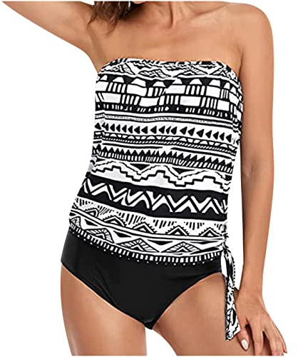 Bandeau Swimsuits for Women with Shorts UK Two Piece Strapless Tankini Sets Tummy Control Swimwear Vintage Print Swim Tank Top & Shorts High Waist Bathing Suit Swimming Costumes Ladies White