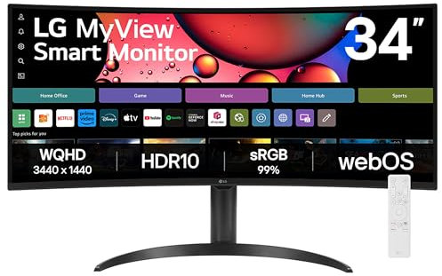 LG MyView Smart Monitor 34SR65QC, 34 Inch, Curved UltraWide, 1440p, 100Hz, 5ms, VA Display, HDR 10, webOS smart apps, Built-in Wifi & Bluetooth, HDMI