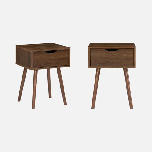 sweeek - Mesita de Noche de Madera teñida Nogal, 1 cajón, Set de 2, Nepal, Madera de Nogal, 39x39x55 cm