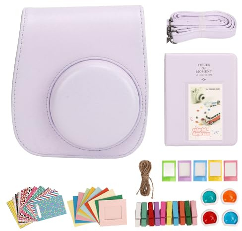 Mini bolsa protectora de cámara instantánea de poliuretano para Fujifilm Instax Mini 12 con filtros de álbum, calcomanías coloridas para colgar marcos, Morado, Tradicional