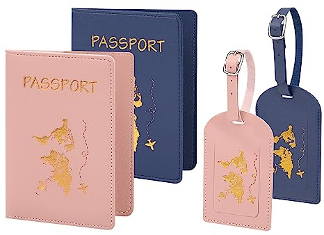 Fundas de Pasaporte y Etiquetas Equipaje, 2 Piezas Porta Pasaportes y 2 Piezas Etiquetas para Maleta in Pile PU Accesorios de Viaje para Mujeres y Hombres Azul oscuro + Rosa