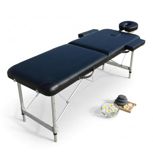Mucola Massageliege 2 Zonen Kosmetikliege Aluminium | klappbar und höhenverstellbar | Portable Massagebank inkl. Zubehör Kopfstütze, Armlehnen und Tragetasche - Schwarz