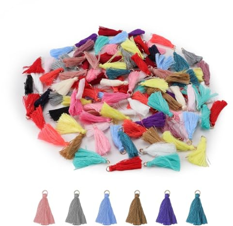 DIYCUT 100 Stück Handgemachte Baumwolle Quaste Anhänger, 3,3CM | Bastelquasten mit Metallring, Mini Bunte Troddel Quasten, für Ohrringe, Basteln, Schlüsselanhänger, DIY Handwerk Zubehör
