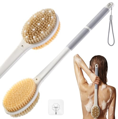 Back Scrubber Body Shower Brush: Massage & Exfoliation Dry Brush Anti Slip 18.1 Long Handle Bath Brush with Stiff and Soft Bristles - Showering Blood Circulation for Women Men Elderly (Grey)