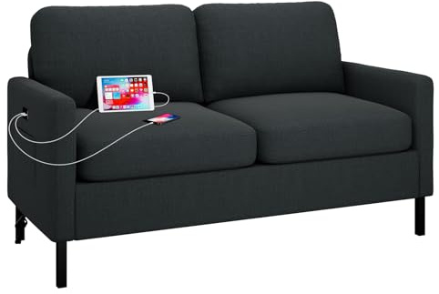 GRAVFORCE Sofa 2 Sitzer mit 2 Ladeports und Seitentasche, Klein Couch 143cm Cloudserie Gemütliches für Jugendzimmer Wohnung Wohnzimmer Büro Couch aus Holz (Stoff, Dunkelgrau, Sofa)