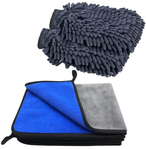 VAIYNWOM Set di 3 Panni in Microfibra e 2 guanti per il lavaggio dell'auto, Panno Microfibra Assorbenti Non Danneggia la Vernice, Per la Pulizia di Auto e Moto