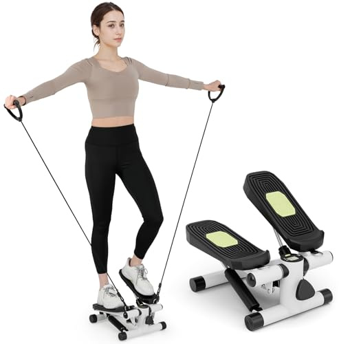 KOMFOTTEU Mini Stepper tragbar, Swing Stepper höhenverstellbar mit Widerstandsbändern, LCD-Bildschirm, rutschfeste Pedale, Fitnessgeräte bis 100 kg für Körpertraining, Übung (Weiß)