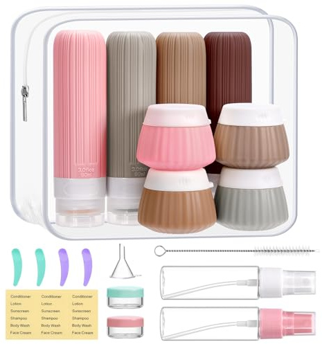 Acsatont 18 Piezas Botellas de Viaje, Botellas de Viaje de Silicona, Tsa Aprueba LíQuidos de Viajes con Bolsa Transparente, Recipiente de Viaje Para ArtíCulos de Inodoro, Gadgets de Viaje (Rosa)