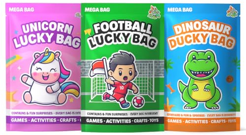 JRose Collections Kids Mega Lucky Bag 3-pack set – enhörning, fotboll och dinosaurieväskor med 8 överraskningar vardera – leksaker, spel, hantverk, klistermärken och aktivitetsark – festpåse fyllmedel
