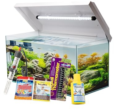 VIALIA Aquarium Komplettset 54L 60x30x30 cm mit Juwel LED Abdeckung weiß | Starter-Set inkl. Heizer, Thermometer, Futter & Wasseraufbereiter, Robustes Floatglas Becken, Ideal für Einsteiger