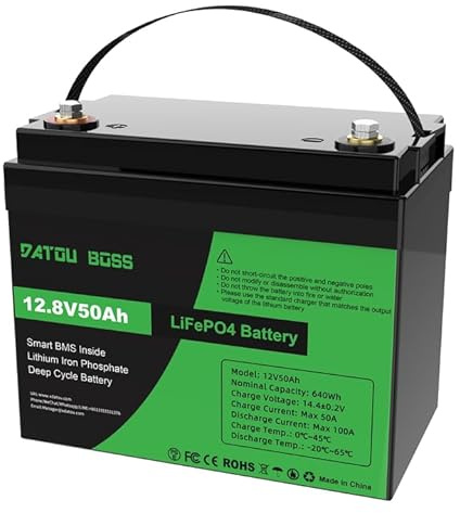 DATOUBOSS Batería Litio 12V 50Ah LiFePO4, BMS 50A incorporado, celdas de litio Grade-A, 15000 ciclos y 10 años de vida útil, para Camping, Autocaravana, Barco, Pesca y Sistema Placa Solar