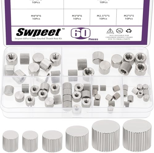 Swpeet 60Pcs 6 Sizes M2 M2.5 M3 M4 M5 M6 Carbon Steel Flat Head Blind Hole Knurled Thumb Nuts Kit, Female Thread Round Knurled Thumb Nuts, Hand Tighten Knob Fasteners for Locking Adjustment