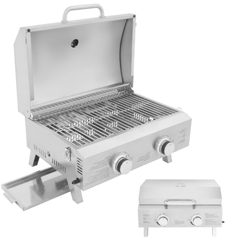 ROGONPDK Barbecue à gaz portable en acier inoxydable avec 2 brûleurs - Pour l'extérieur, les cours et les terrasses
