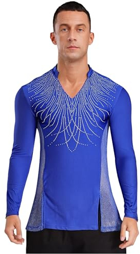 Hularka Mens Latin Ballet Dance Top Mesh Patchwork with Split Dance Shirt for Chacha Tango Ballroom Royal Blue L