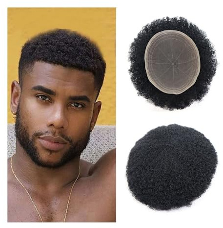 Für Männer Afro Kinky Curly Toupet for Männer 8x10 Atmungsaktive Vollspitzenbasis Echthaar-Ersatzhaarteil Perückenkopf(4mm)