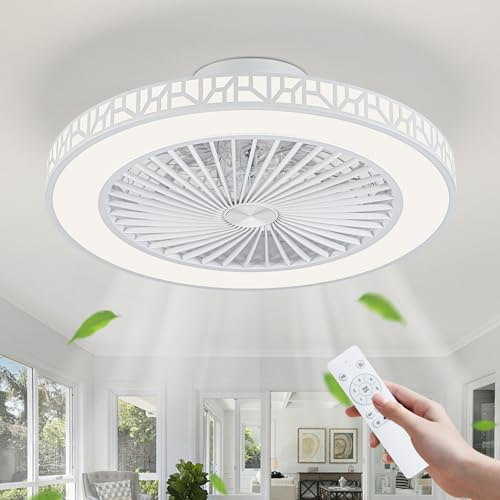 UNRRYI Ceiling Fan with Lights, 48cm Iron Bladeless Ceiling Fans 6 Speed 3000K-6500K Dimmable Quiet Ceiling Fan Light with Timing Reversible Ceiling Fans for Bedroom Kitchen