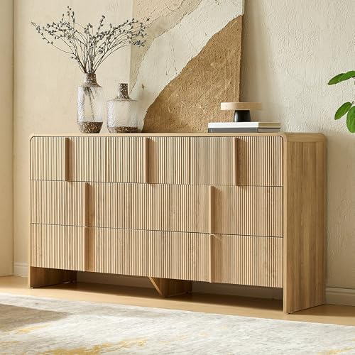 AMERLIFE 63 Fluted 7 Drawer Dresser, Wide Modern Chest of Storage Drawers with Pine Handles, Rounded Corners & Anti-Tip Design, Wood Closet Organizer for Bedroom, Living Room, Natural Oak