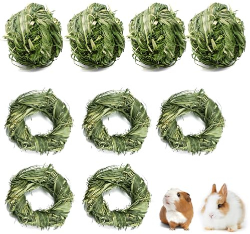 SRVAXZN 9 Stück Kaninchen Spielzeug, Kaninchen Beschäftigung Kauspielzeug 8-9cm Grasball und Strohballen Timothy Heu Hasenspielzeug Meerschweinchen Zahnpflegefutter für Hasen Chinchilla