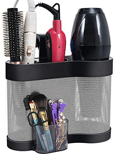 KINGRACK Hair Dryer Holder, Stainless Steel Wall Mounted Styling Station with Heat Resistant Silicone for Hair Tool Storage, Including Hair Straightener Organizer and Blow Dryer Storage, Black