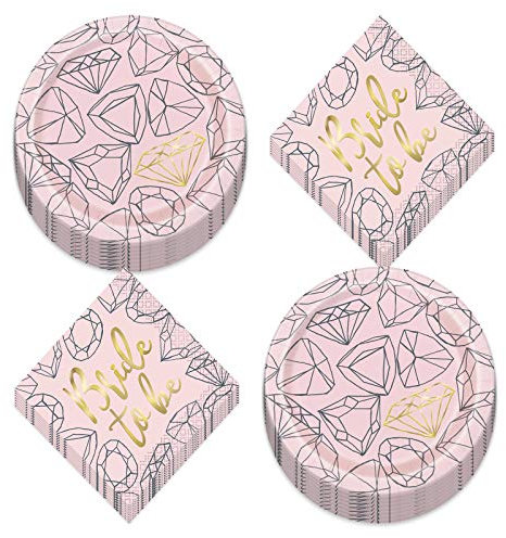 Engagement, Bachelorette Party and Bridal Party Tableware Set - Pink & Gold Diamond Bride to Be Paper Dessert Plates and Beverage Napkins (Serves 16)