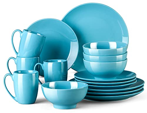 LOVECASA Sweet Porcelain Dinner Service, 16-Piece Crockery Set, Colourful, Dinner Set for 4 People, Dinner Plates, Cups, Dessert Plates and Bowls, VCP-GDS8, Light Blue