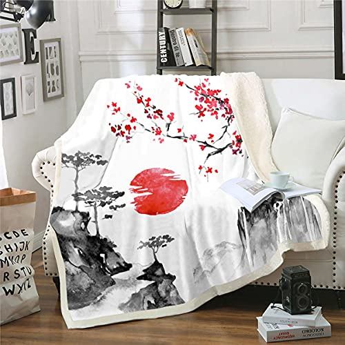 Ukiyoe couverture polaire japonaise à fleurs de cerisier – Sherpa rouge soleil pour enfants – Pelucheux style exotique