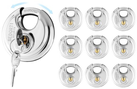 SEDORTI Lot de 10 cadenas à disque à clés identiques, 7,5 cm de large, serrure ronde en acier inoxydable 304, serrure de rangement étanche et antirouille avec clés en laiton, idéal pour porte d'unité