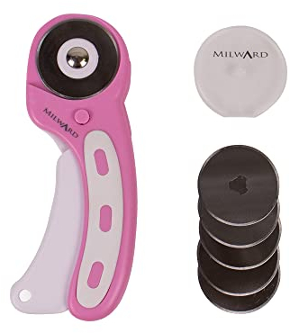 Milward 45 mm Rollschneider & 5 Ersatzklingen, ergonomischer Griff mit Sicherheitsverschluss, Stoff für Links- und Rechtshänder, Leder, Basteln, Nähen, Quilten, Stoff-Rollschneider, Rosa & Weiß