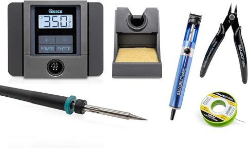 QUICK TS1100 digital regelbare Lötstation ESD 70-90 Watt 200-450°C professionell sensorgeregelt SMD Lötstation kalibrierbar mit 3 Fest-Temperatur-Speichern 0,5mm Lötspitze und 3 teiligem Zubehör-Set