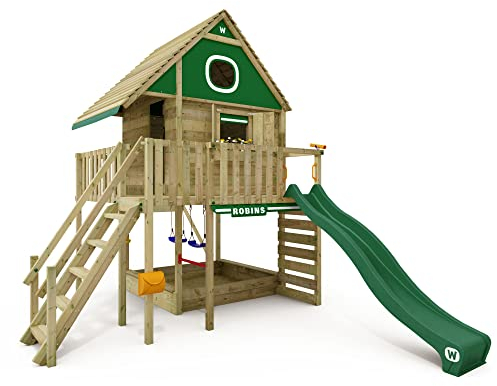 Wickey Stelzenhaus Smart Lakehouse mit Schaukel & grüner Rutsche, Kletterturm, Spielhaus, Spielturm, Baumhaus mit Sandkasten, Kletterleiter & Spiel-Zubehör