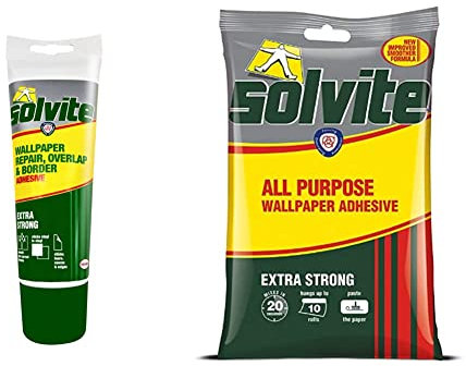 Solvite 1574677 Overlap & Border, Ready to Use Wallpaper Paste, 1x240g & 1591161 All-Purpose Wallpaper Adhesive, Wallpaper Paste hangs up to 10 Rolls,Grey Yellow Red,(1x185 g Sachet)