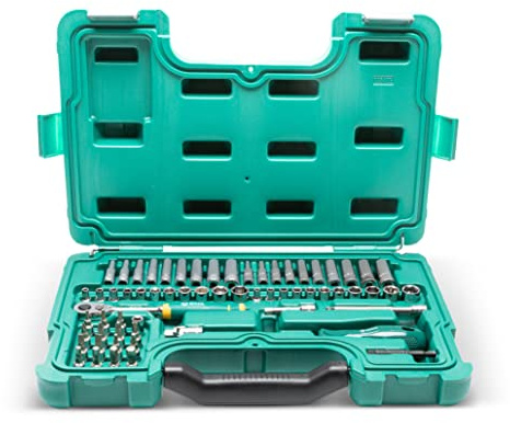 SATA ST09540G Set de herramientas mecánicas de 63 piezas, SAE y métricas. Carraca de 1/4 con engranaje de 72 dientes, juego de llaves de vaso estándar y largas de 6 puntos con vasos para puntas