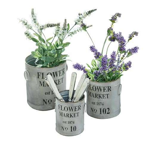 Loberon Übertopf 3er Set Flower Market, charmante Retro-Optik, mit Vintage-Schriftzug, für Küchenkräuter und Topfpflanzen, Blumentopf, Eisen, antikgrau