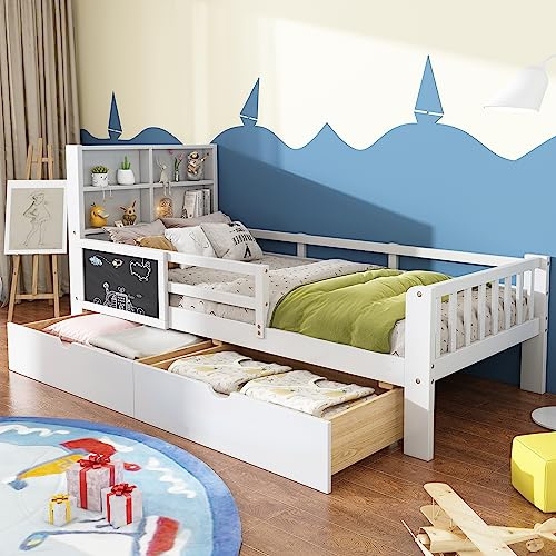 Dolamaní Cuna de 90 x 200 cm con cajones y pizarra, cama infantil multifuncional, cama individual, color blanco