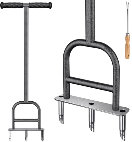 Dolibest Aeratore per carotaggio del prato, in acciaio inox, con 3 tappi per corer, con impugnatura in gomma morbida, strumento manuale per aerare l'erba, strumento da giardino e strumento manuale per