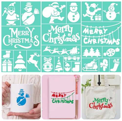 WANDIC Pochoirs Für Sérigraphie von Noël, 3 Blätter Autocollants Für Pâte à Craie von Noël, Modelle von Siebdruckschablonen Für T-Shirts