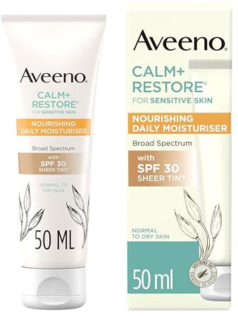 AVEENO Face CALM+RESTORE Nourishing Daily Moisturiser with SPF30 (1 x 50ml), Fragrance-Free Face Moisturiser, Broad Spectrum with SPF30, Soothing Oat & 100 Mineral UV Filters, For Normal to Dry Skin