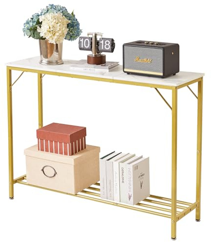 YMYNY Console Table, Slim Console Table for Hallway, Metal Frame, Compact Display Table, Sofa Table for Small Spaces, Entryway, Living Room, Sturdy, 107×30×78CM White&Gold HST006W