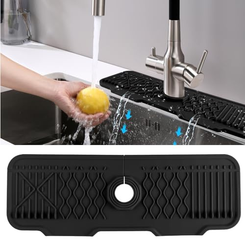 SCOOLR Silicone Faucet Mat, Faucet Sink Splash Guard for Kitchen Bathroom and Counter, Splash Drying Countertop Sink Protectors Absorbent Mat,17'' x 5.5'' (Black),(002)