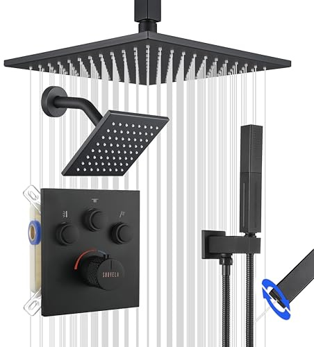 SHOYELA Thermostatic Shower System Matte Black, Push Button Diverter Shower Faucet with 2 in 1 Handheld, Ceiling Mount 12 Inch Shower Head with 6 Inch Wall Mount Shower Head